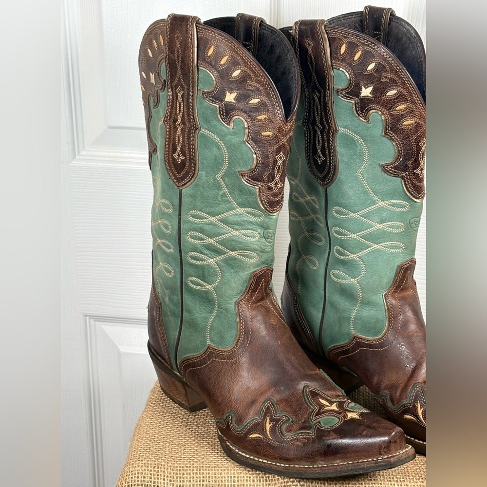 Ariat Brown and Teal Western Heeled Cowboy Boots - Picture 4 of 13